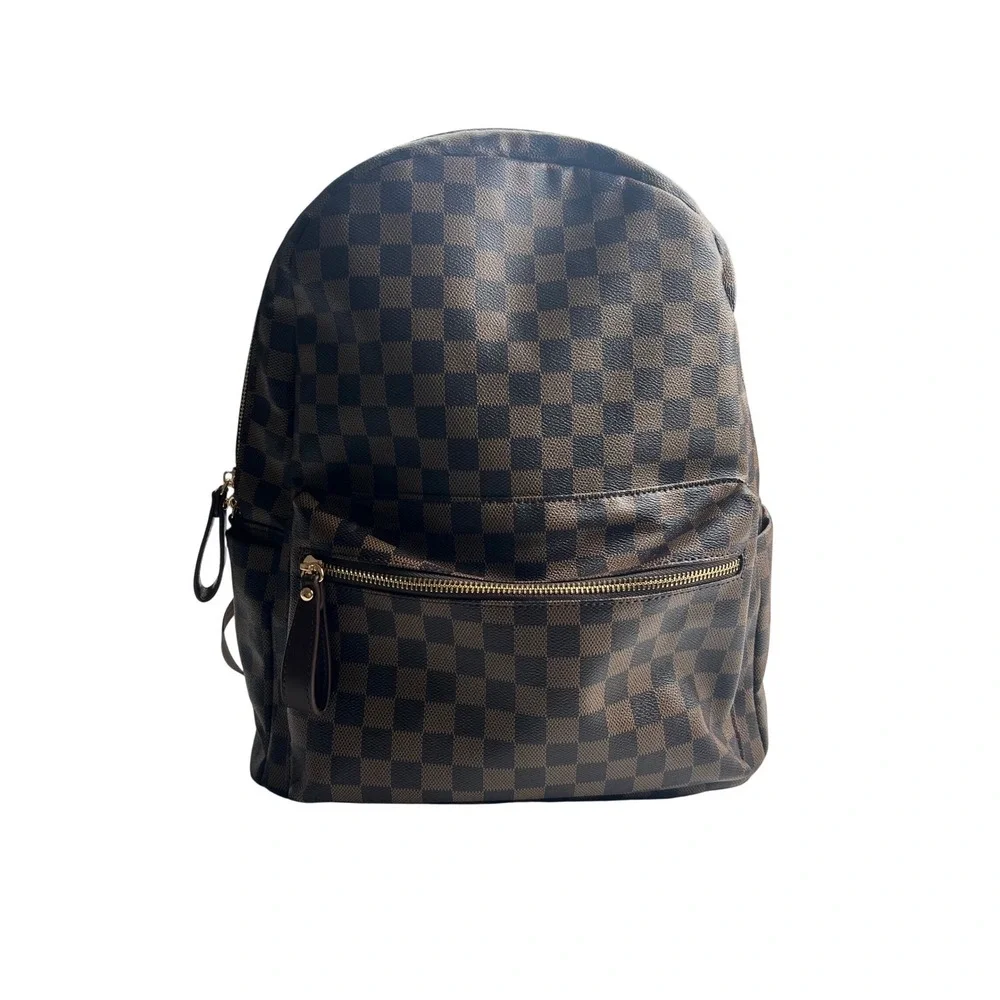 Minimalist Brown Checkered Multi Function Backpack Outdoors Travel Bag preppy